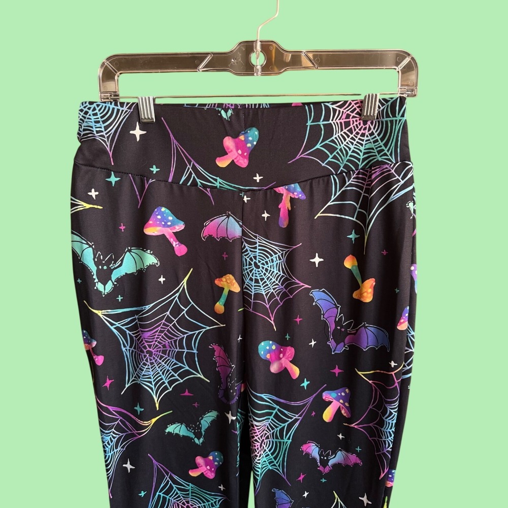 Psychedelic Spiderweb Mushroom Flare Pants Black Neon Mall Goth Bats 28x30.5 - Picture 4 of 4